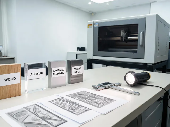 Laser application review desk with material samples