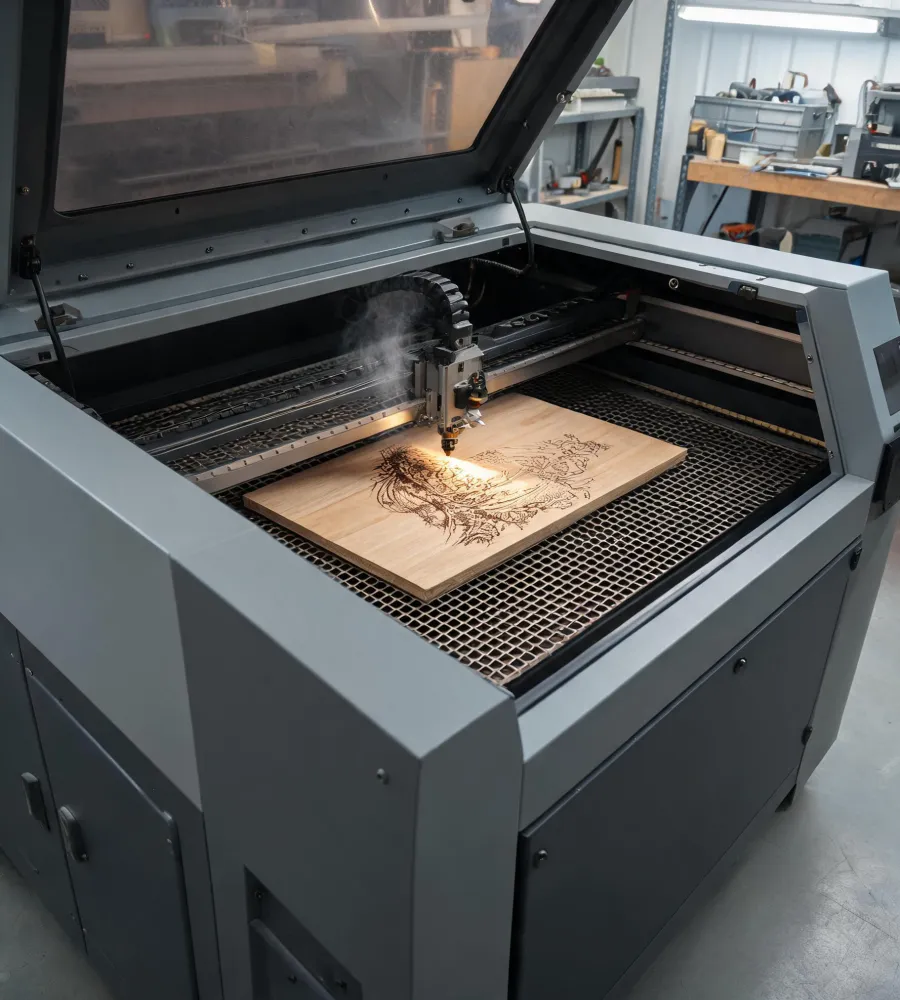 CO2 laser engraving a detailed pattern into a hardwood panel