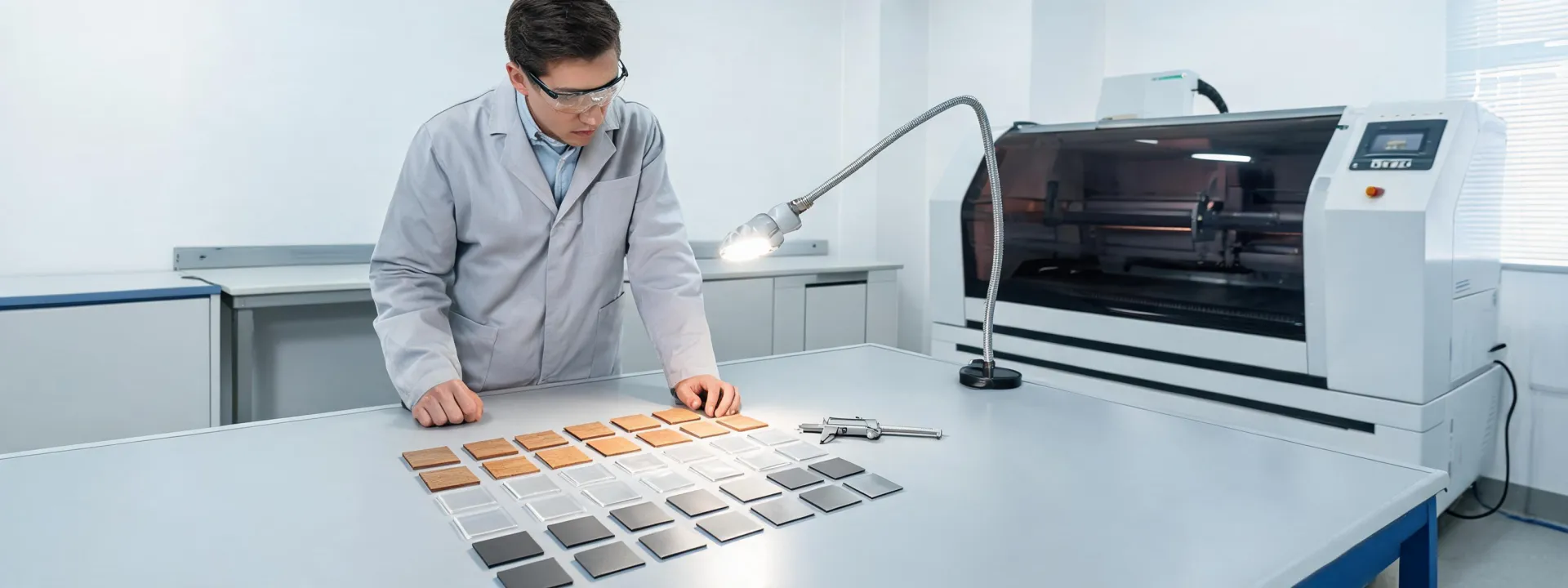 Application engineer reviewing engraved material coupons